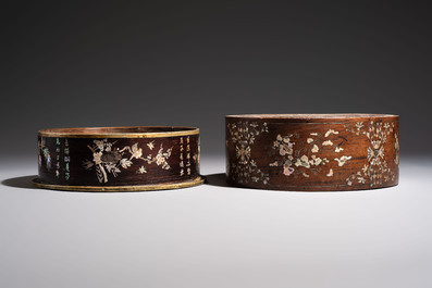 Two Vietnamese mother-of-pearl-inlaid wooden trays and a circular box and cover, 19th C.