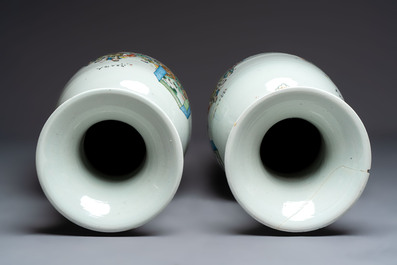 A pair of massive Chinese famille rose 'Ren Lun Zhi Zhi 人倫之至' and 'Xiao Gan Dong Tian 孝感動天' vases, signed Pan Zhaotang 潘肇唐, dated 1919