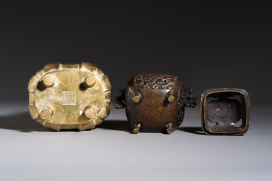 Two Chinese bronze censers and an oil lamp, Xuande and Jin Chun Yuan 金椿源 mark, 19/20th C.