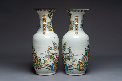 A pair of massive Chinese famille rose 'Ren Lun Zhi Zhi 人倫之至' and 'Xiao Gan Dong Tian 孝感動天' vases, signed Pan Zhaotang 潘肇唐, dated 1919