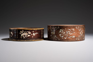 Two Vietnamese mother-of-pearl-inlaid wooden trays and a circular box and cover, 19th C.