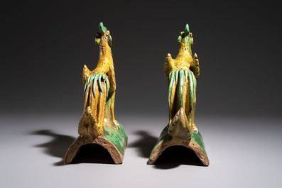 A pair of Chinese sancai-glazed 'Phoenix' roof tiles, Ming