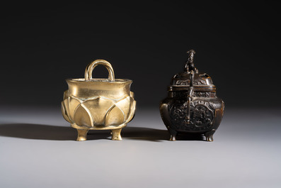 Two Chinese bronze censers and an oil lamp, Xuande and Jin Chun Yuan 金椿源 mark, 19/20th C.