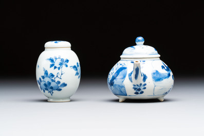 A Chinese blue and white covered tea caddy and a covered teapot with ducks, Kangxi