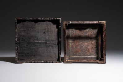 Two Vietnamese mother-of-pearl-inlaid wooden trays and a circular box and cover, 19th C.