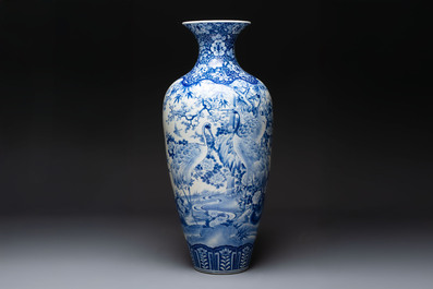 A massive Japanese Arita blue and white 'Cranes' vase, Meiji, 19th C.