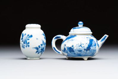 A Chinese blue and white covered tea caddy and a covered teapot with ducks, Kangxi