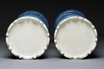 A pair of large Japanese blue and white stands, Keisa 瀬戸圭左製 and Yamakei 山圭制 marks, 19/20th C.