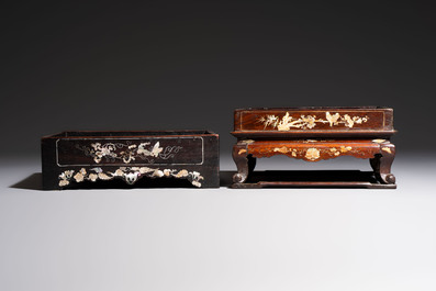 Two Vietnamese mother-of-pearl-inlaid wooden trays and a circular box and cover, 19th C.