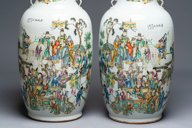 A pair of massive Chinese famille rose 'Ren Lun Zhi Zhi 人倫之至' and 'Xiao Gan Dong Tian 孝感動天' vases, signed Pan Zhaotang 潘肇唐, dated 1919