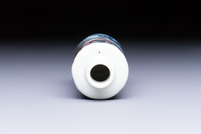 A fine Chinese blue, white and copper-red snuff bottle with narrative design, 19th C.