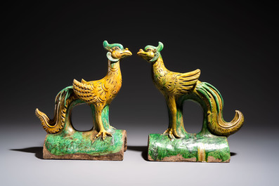 A pair of Chinese sancai-glazed 'Phoenix' roof tiles, Ming