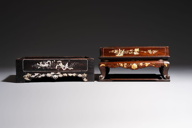 Two Vietnamese mother-of-pearl-inlaid wooden trays and a circular box and cover, 19th C.