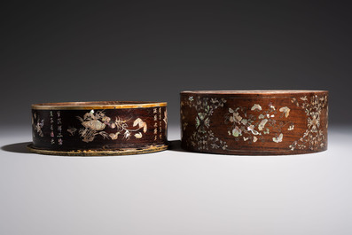 Two Vietnamese mother-of-pearl-inlaid wooden trays and a circular box and cover, 19th C.