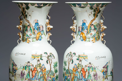 A pair of massive Chinese famille rose 'Ren Lun Zhi Zhi 人倫之至' and 'Xiao Gan Dong Tian 孝感動天' vases, signed Pan Zhaotang 潘肇唐, dated 1919