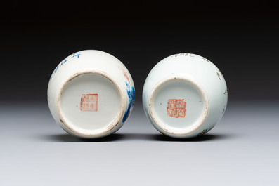 A Chinese blue and white covered jar and two polychrome-decorated jarlets with wooden covers, 18/19th C.