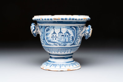 A blue and white French faience garden vase, probably Nevers, 18th C.