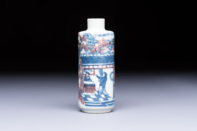 A fine Chinese blue, white and copper-red snuff bottle with narrative design, 19th C.