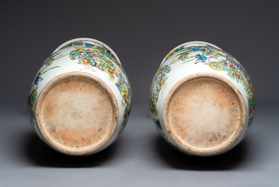 A pair of massive Chinese famille rose 'Ren Lun Zhi Zhi 人倫之至' and 'Xiao Gan Dong Tian 孝感動天' vases, signed Pan Zhaotang 潘肇唐, dated 1919