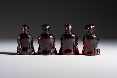 A rare complete set of 12 Chinese cherry amber 'Zodiac' figures on wooden stands, Qianlong mark, Republic