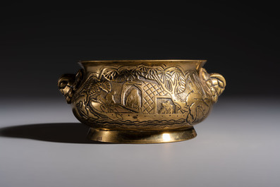 A Chinese bronze 'Journey to the West' censer, Xuande mark, 19th C.