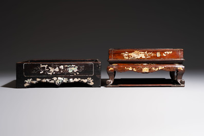Two Vietnamese mother-of-pearl-inlaid wooden trays and a circular box and cover, 19th C.
