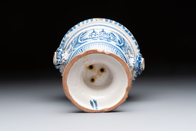 A blue and white French faience garden vase, probably Nevers, 18th C.