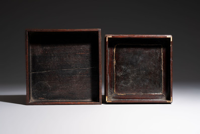 Two Vietnamese mother-of-pearl-inlaid wooden trays and a circular box and cover, 19th C.