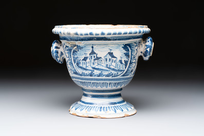 A blue and white French faience garden vase, probably Nevers, 18th C.