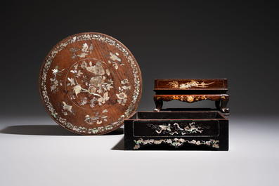 Two Vietnamese mother-of-pearl-inlaid wooden trays and a circular box and cover, 19th C.