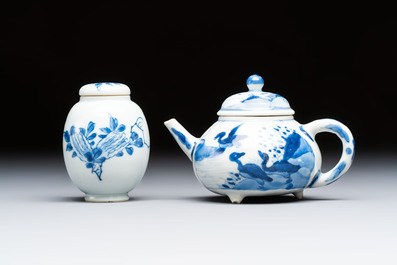 A Chinese blue and white covered tea caddy and a covered teapot with ducks, Kangxi