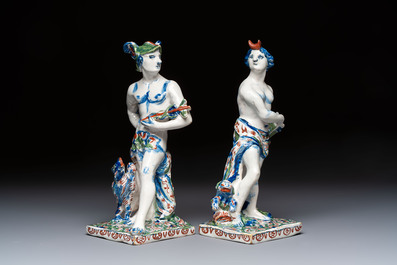 An important pair of polychrome Dutch Delft cashmere palette figures of Diana and Mercury, dated 172(?)