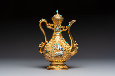 A rare Chinese export precious stone-inset and enamelled gilt-silver coffee set with matching tray, silver marks, 20th C.