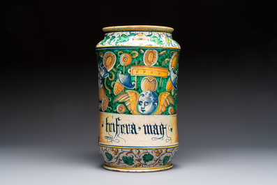 A massive polychrome Italian maiolica albarello with a profile bust of a warrior from the Antique, Venice, 16th C.