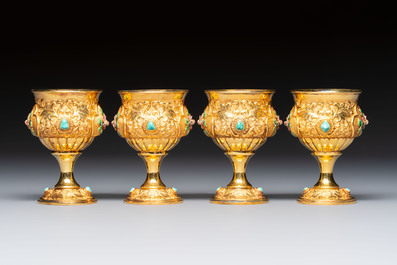 A rare Chinese export precious stone-inset and enamelled gilt-silver coffee set with matching tray, silver marks, 20th C.