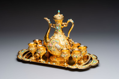 A rare Chinese export precious stone-inset and enamelled gilt-silver coffee set with matching tray, silver marks, 20th C.