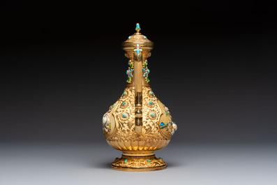 A rare Chinese export precious stone-inset and enamelled gilt-silver coffee set with matching tray, silver marks, 20th C.