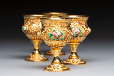 A rare Chinese export precious stone-inset and enamelled gilt-silver coffee set with matching tray, silver marks, 20th C.