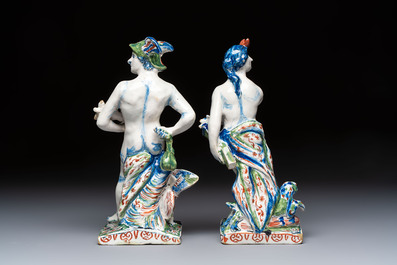 An important pair of polychrome Dutch Delft cashmere palette figures of Diana and Mercury, dated 172(?)