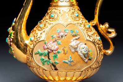 A rare Chinese export precious stone-inset and enamelled gilt-silver coffee set with matching tray, silver marks, 20th C.