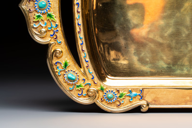A rare Chinese export precious stone-inset and enamelled gilt-silver coffee set with matching tray, silver marks, 20th C.