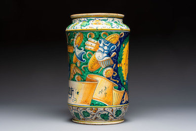 A massive polychrome Italian maiolica albarello with a profile bust of a warrior from the Antique, Venice, 16th C.