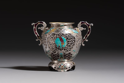 A Japanese enamelled reticulated silver 'koro' censer, Meiji, 19th C.