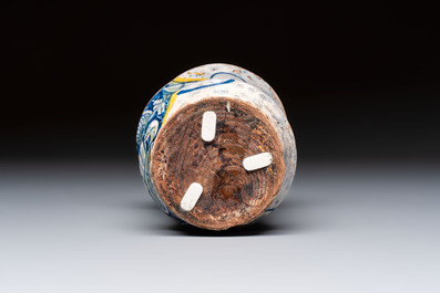 A polychrome Italian maiolica 'a trofei' albarello, inscribed V. APOSTL, Deruta, late 16th C.