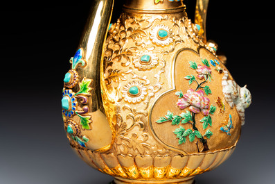 A rare Chinese export precious stone-inset and enamelled gilt-silver coffee set with matching tray, silver marks, 20th C.