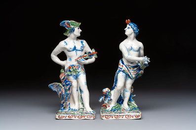 An important pair of polychrome Dutch Delft cashmere palette figures of Diana and Mercury, dated 172(?)