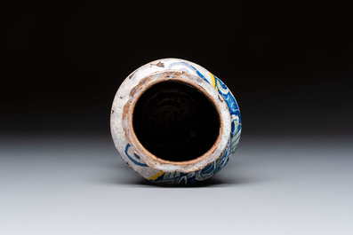 A polychrome Italian maiolica 'a trofei' albarello, inscribed V. APOSTL, Deruta, late 16th C.