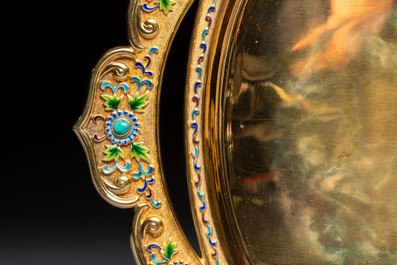 A rare Chinese export precious stone-inset and enamelled gilt-silver coffee set with matching tray, silver marks, 20th C.
