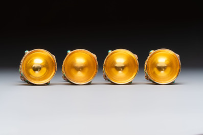 A rare Chinese export precious stone-inset and enamelled gilt-silver coffee set with matching tray, silver marks, 20th C.