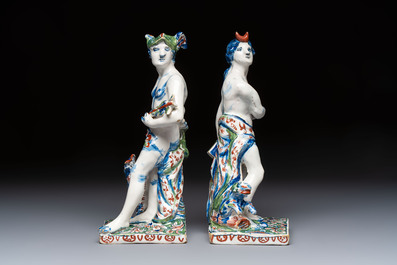 An important pair of polychrome Dutch Delft cashmere palette figures of Diana and Mercury, dated 172(?)